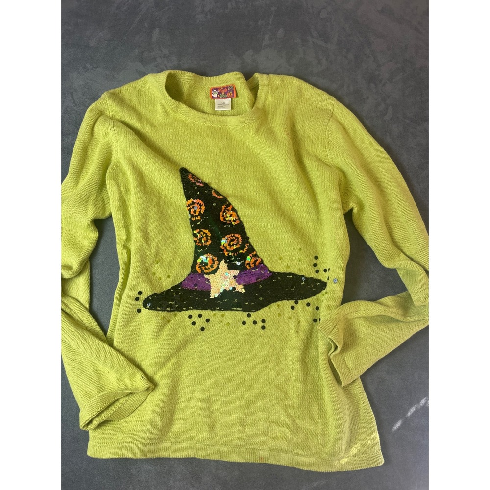 Peek a Boo Halloween Witch Hat Sequin Sweater Lime Green Ramie Cotton Large